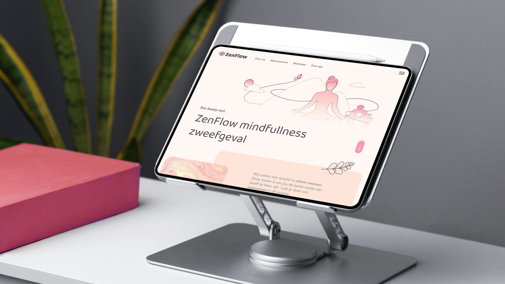 ZenFlow mindfulness-website weergegeven op een tablet.
