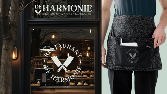 Logo en raamdecoratie-ontwerp voor Restaurant De Harmonie.