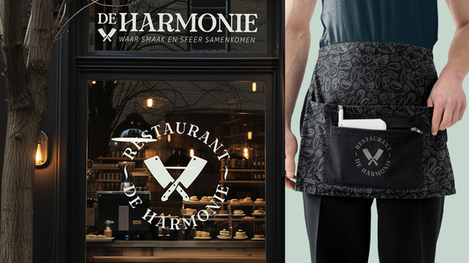 Logo en raamdecoratie-ontwerp voor Restaurant De Harmonie.