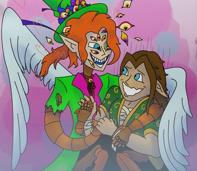 Kleurrijke cartoonillustratie van een leeuw en een nar.