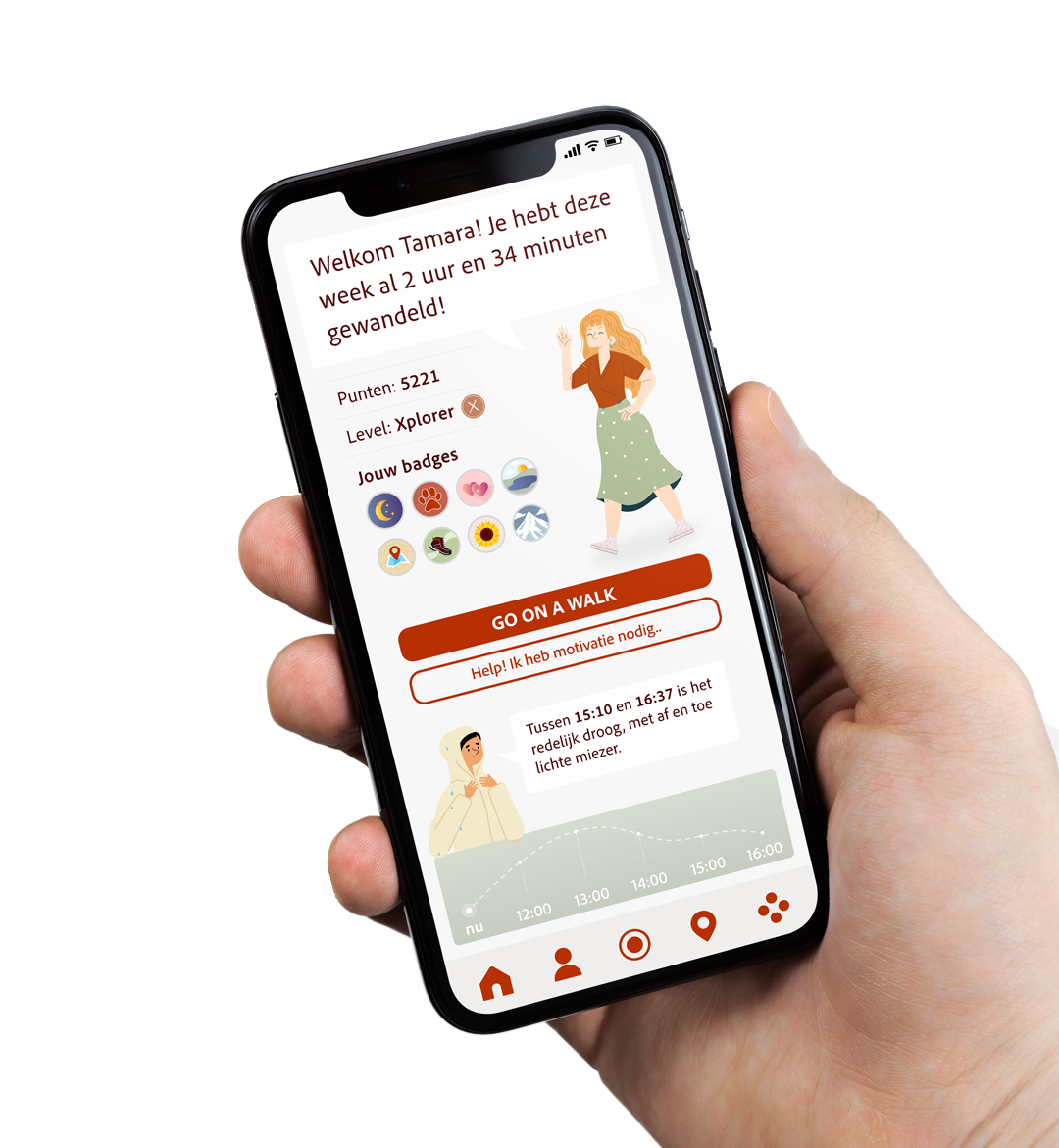 Hand houdt een smartphone vast met een app-ontwerp op het scherm.