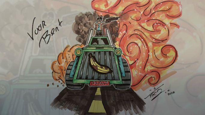Getekende cartoon met de handgeschreven tekst Voor Bent. Een figuur met een geweer staat boven op een groene monstertruck met bananen op de grille, tegen een achtergrond van vlammen en rook.